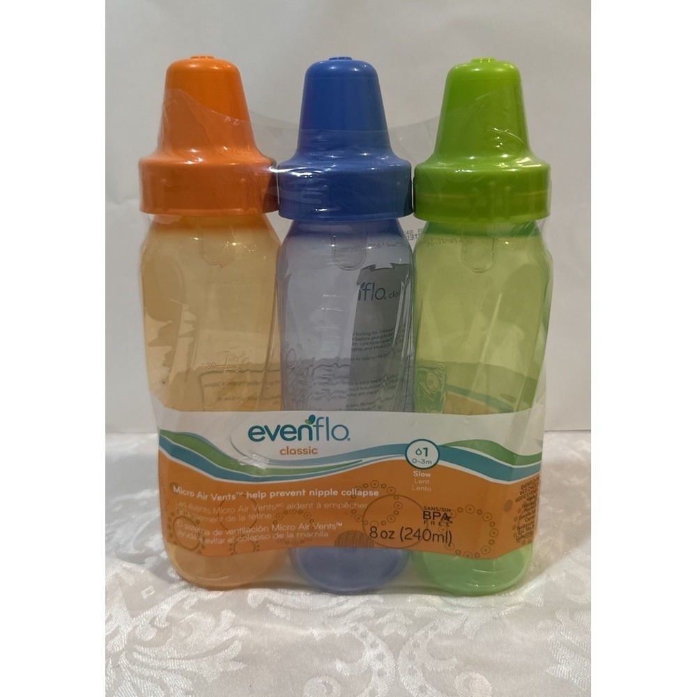 EVENFLO CLASSIC 8 oz NEON 3 PACK BABY FEEDING BOTTLES